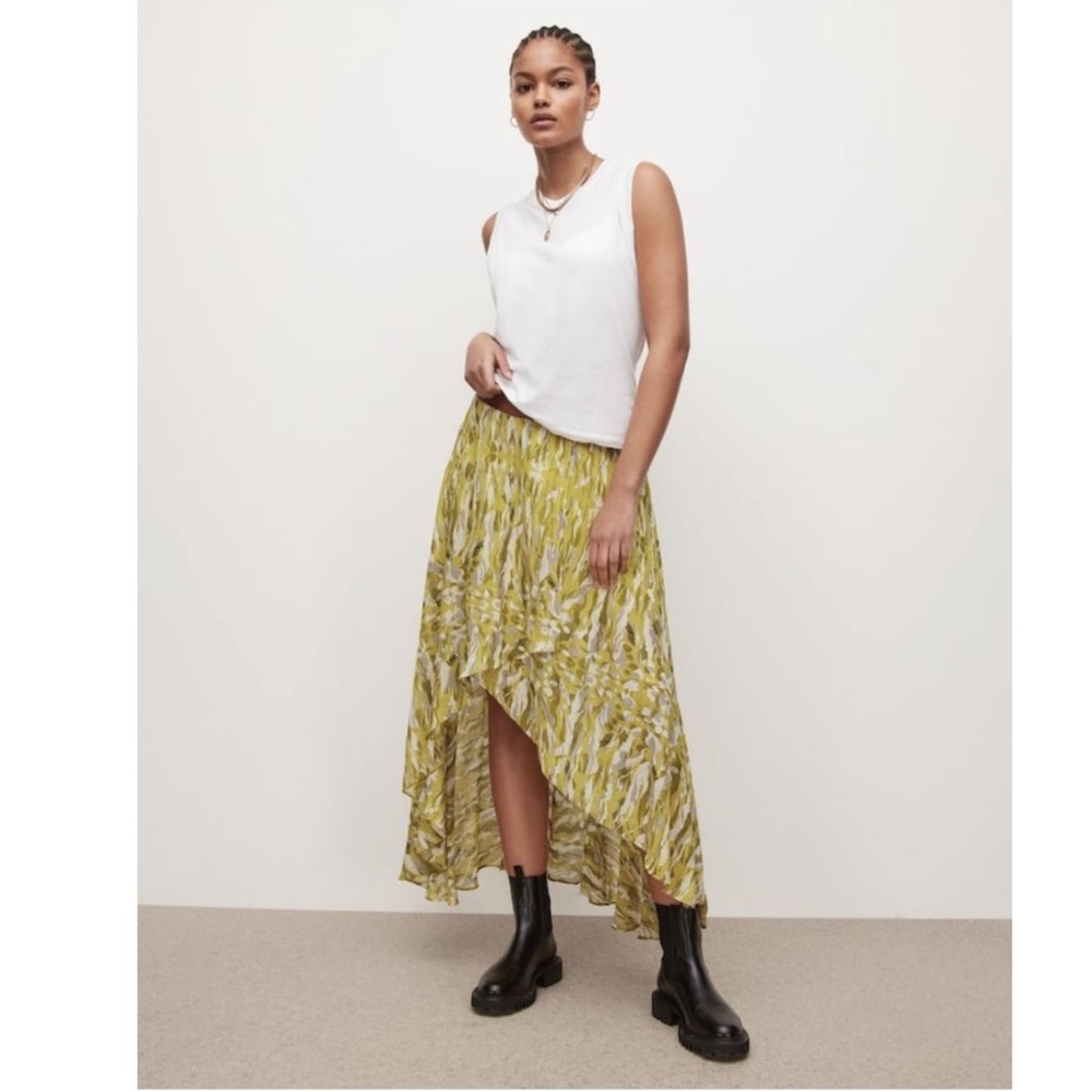 NWT AllSaints Slvina Oniyuri Asymmetrical Midi Skirt in Yellow, Size 8